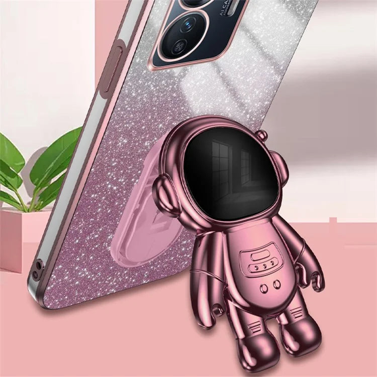 For vivo Y77 5G / Y77e 5G PC+TPU Case with Kickstand Cartoon Astronaut Electroplating Phone Shell