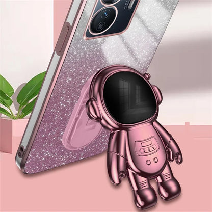For vivo Y77 5G / Y77e 5G PC+TPU Case with Kickstand Cartoon Astronaut Electroplating Phone Shell