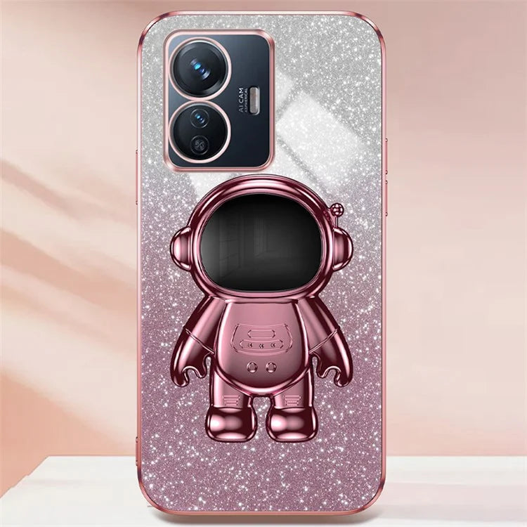 For vivo Y77 5G / Y77e 5G PC+TPU Case with Kickstand Cartoon Astronaut Electroplating Phone Shell