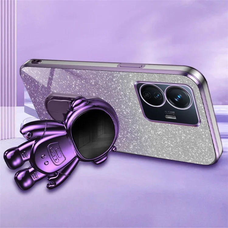 For vivo Y77 5G / Y77e 5G PC+TPU Case with Kickstand Cartoon Astronaut Electroplating Phone Shell