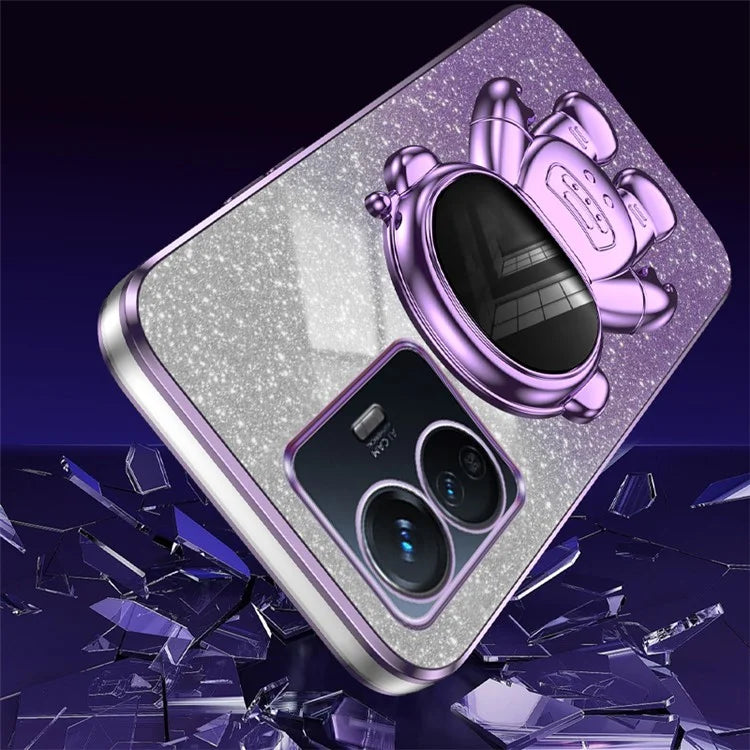 For vivo Y77 5G / Y77e 5G PC+TPU Case with Kickstand Cartoon Astronaut Electroplating Phone Shell