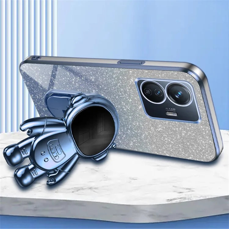 For vivo Y77 5G / Y77e 5G PC+TPU Case with Kickstand Cartoon Astronaut Electroplating Phone Shell