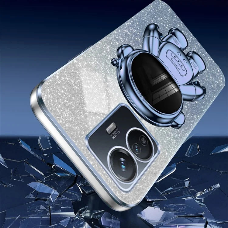 For vivo Y77 5G / Y77e 5G PC+TPU Case with Kickstand Cartoon Astronaut Electroplating Phone Shell