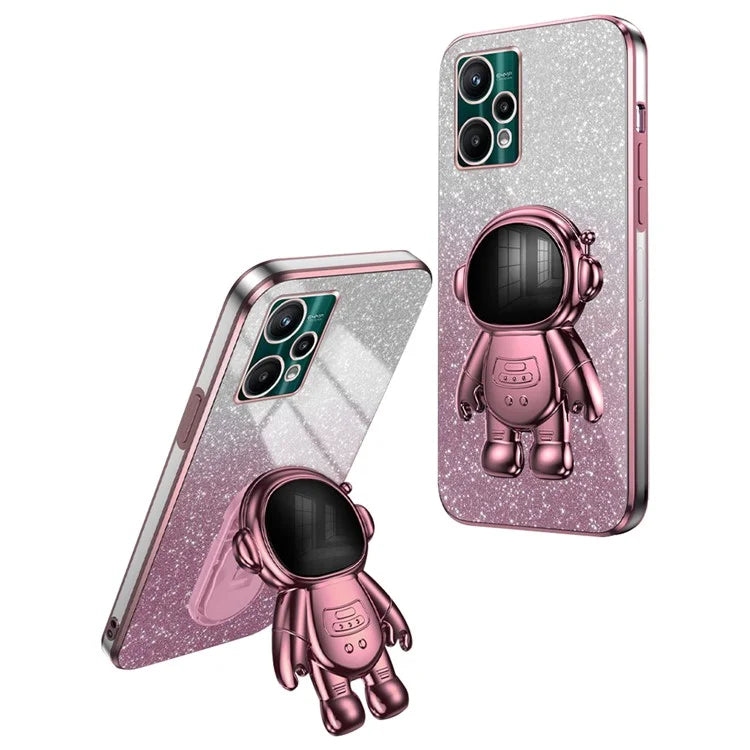 For Realme V25 / 9 Pro 5G Kickstand PC+TPU Shell Electroplating Phone Case with Cute Astronaut Decor