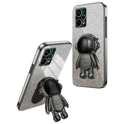 For Realme V25 / 9 Pro 5G Kickstand PC+TPU Shell Electroplating Phone Case with Cute Astronaut Decor