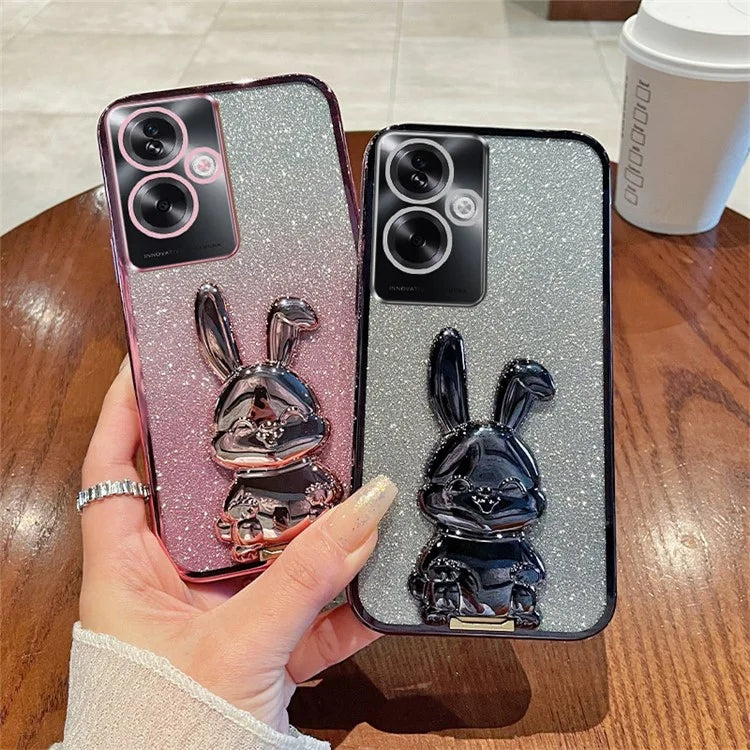 For Oppo A2 5G / A79 5G Cellphone Case Rabbit Design Electroplated PC+TPU Kickstand Cover