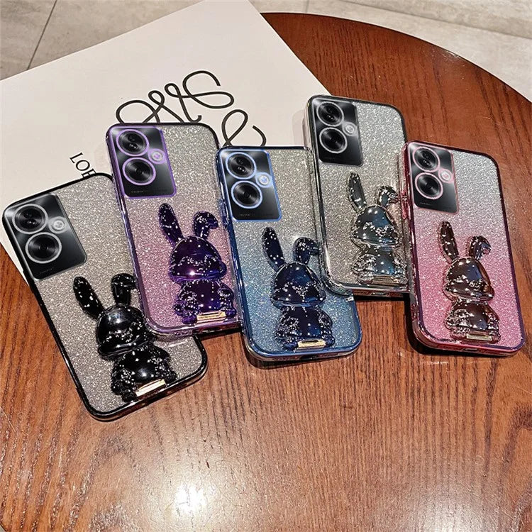 For Oppo A2 5G / A79 5G Cellphone Case Rabbit Design Electroplated PC+TPU Kickstand Cover