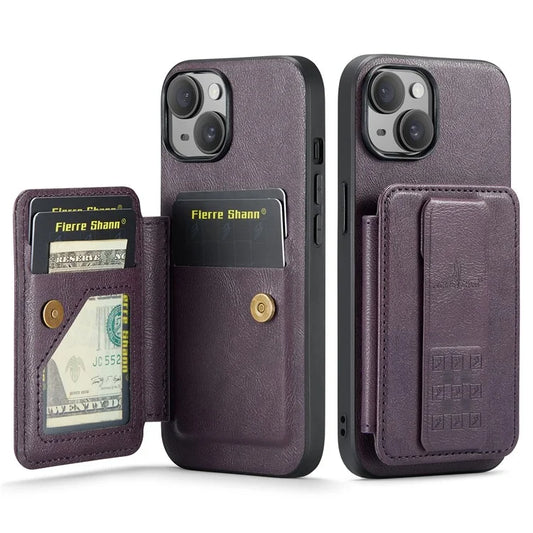 For iPhone 15 Case Waxy Leather+TPU Phone Cover with RFID Blocking Card Slots Kickstand