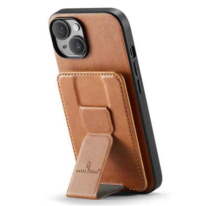 For iPhone 15 Case Waxy Leather+TPU Phone Cover with RFID Blocking Card Slots Kickstand