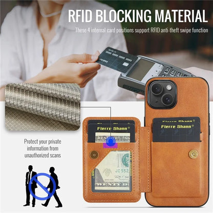 For iPhone 15 Case Waxy Leather+TPU Phone Cover with RFID Blocking Card Slots Kickstand