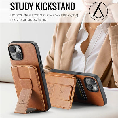 For iPhone 15 Case Waxy Leather+TPU Phone Cover with RFID Blocking Card Slots Kickstand