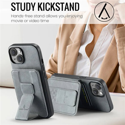 For iPhone 15 Case Waxy Leather+TPU Phone Cover with RFID Blocking Card Slots Kickstand