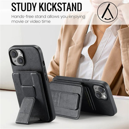 For iPhone 15 Case Waxy Leather+TPU Phone Cover with RFID Blocking Card Slots Kickstand