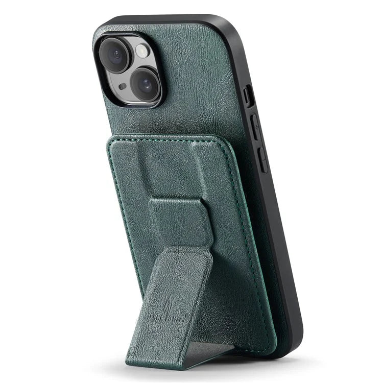 For iPhone 15 Case Waxy Leather+TPU Phone Cover with RFID Blocking Card Slots Kickstand