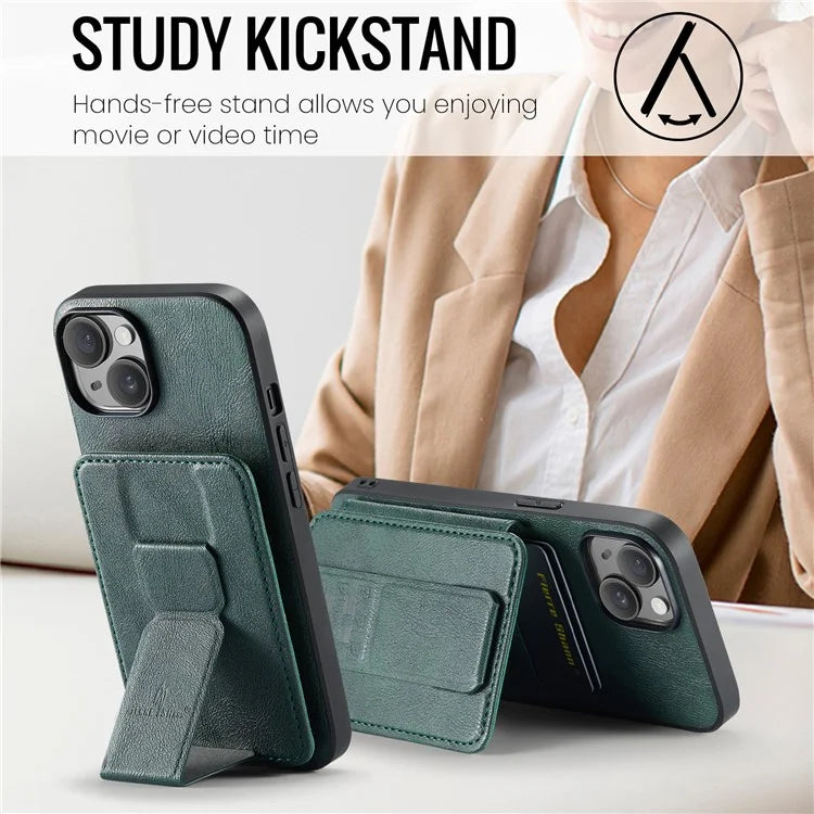 For iPhone 15 Case Waxy Leather+TPU Phone Cover with RFID Blocking Card Slots Kickstand