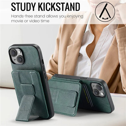 For iPhone 15 Case Waxy Leather+TPU Phone Cover with RFID Blocking Card Slots Kickstand