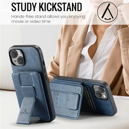 For iPhone 15 Case Waxy Leather+TPU Phone Cover with RFID Blocking Card Slots Kickstand