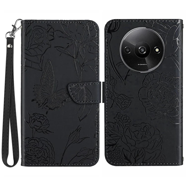 HT03 For Xiaomi Redmi A3 Case Butterfly Flower Leather Flip Phone Cover with Hand Strap