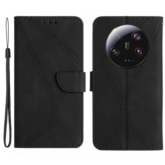HT05 For Xiaomi 14 Ultra Wallet Case PU Leather Skin-touch Lines Imprinted Phone Cover