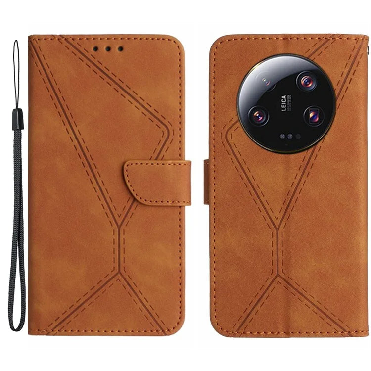 HT05 For Xiaomi 14 Ultra Wallet Case PU Leather Skin-touch Lines Imprinted Phone Cover