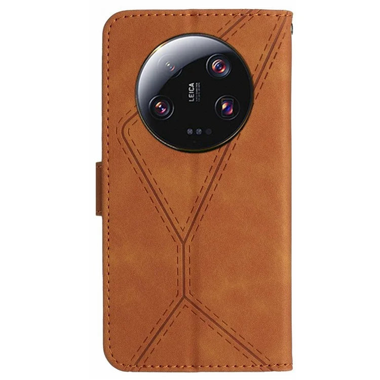 HT05 For Xiaomi 14 Ultra Wallet Case PU Leather Skin-touch Lines Imprinted Phone Cover