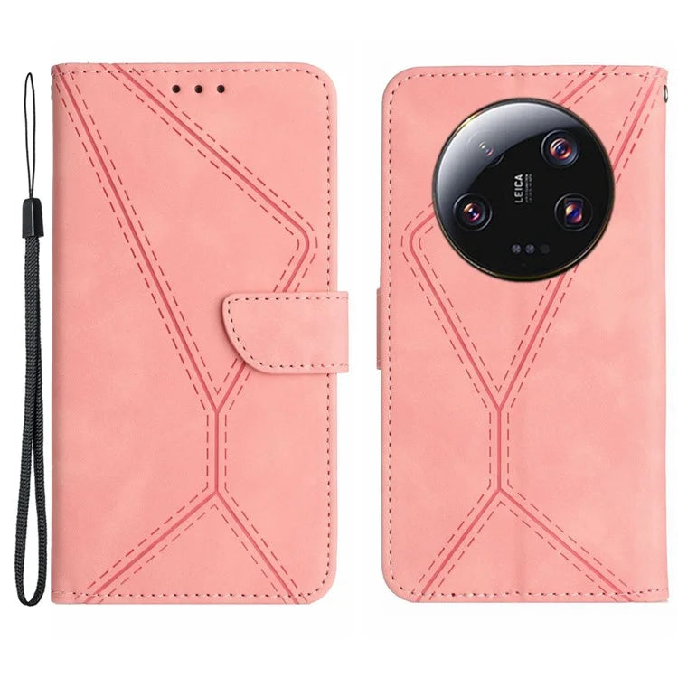 HT05 For Xiaomi 14 Ultra Wallet Case PU Leather Skin-touch Lines Imprinted Phone Cover