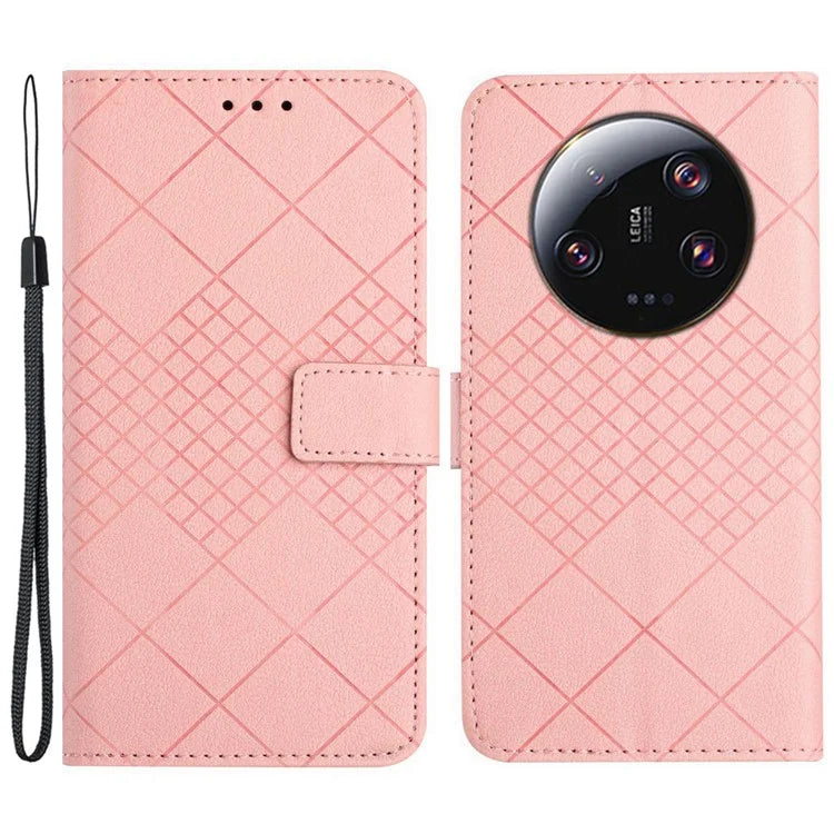 HT06 For Xiaomi 14 Ultra Magnetic Phone Case PU Leather Imprinting Rhombus Pattern Cover