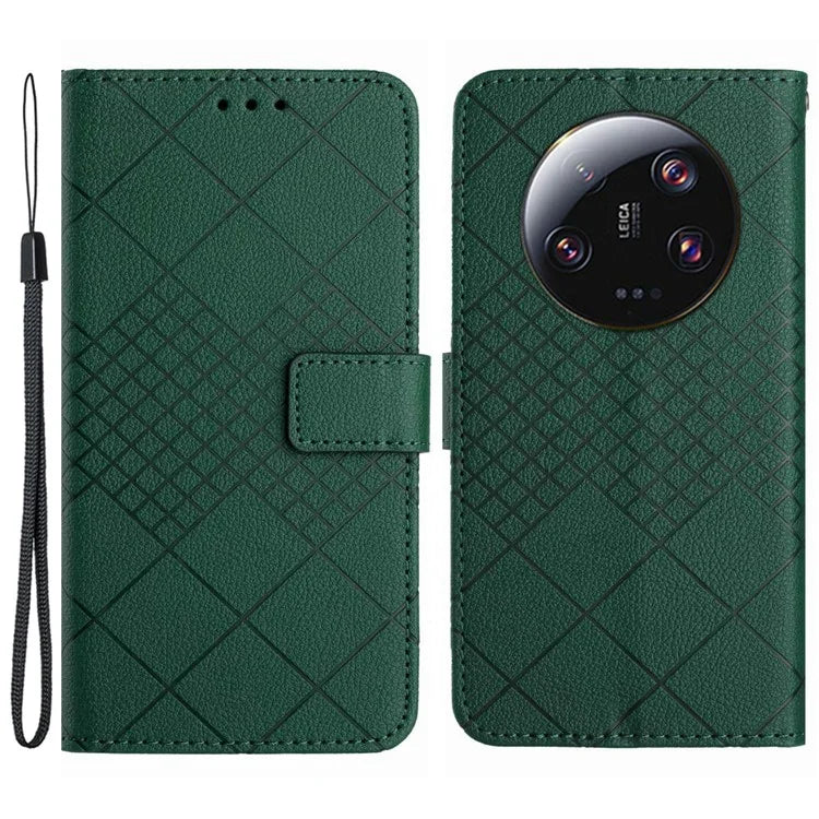 HT06 For Xiaomi 14 Ultra Magnetic Phone Case PU Leather Imprinting Rhombus Pattern Cover