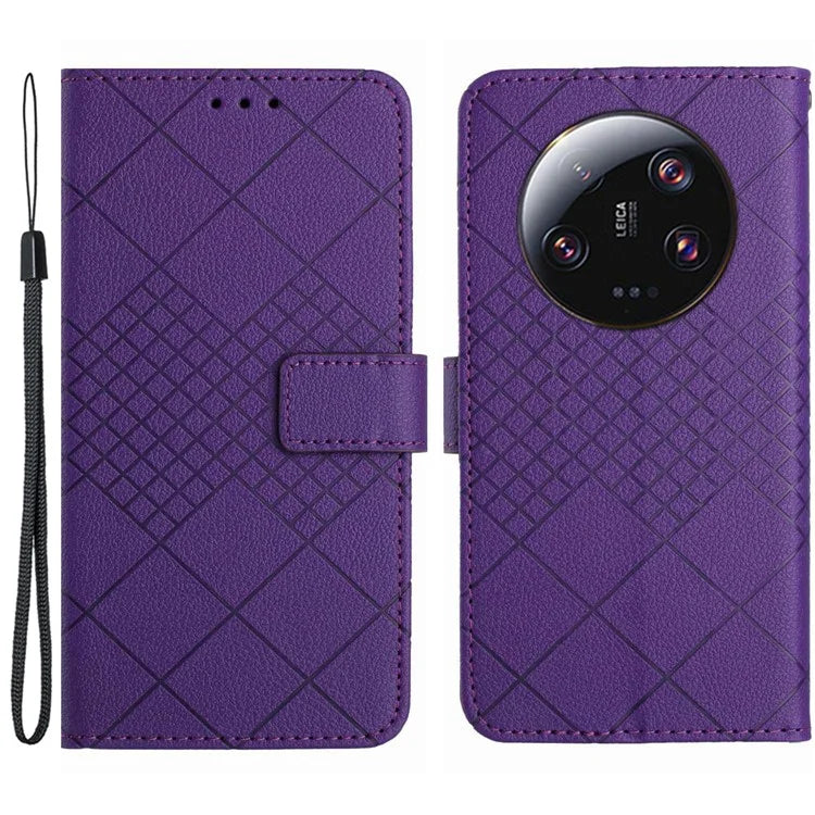 HT06 For Xiaomi 14 Ultra Magnetic Phone Case PU Leather Imprinting Rhombus Pattern Cover