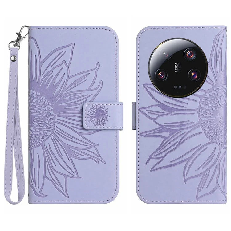 HT04 For Xiaomi 14 Ultra Case Sunflower Pattern Skin-touch Leather Phone Wallet Cover