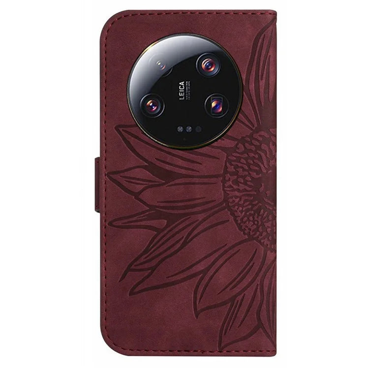 HT04 For Xiaomi 14 Ultra Case Sunflower Pattern Skin-touch Leather Phone Wallet Cover