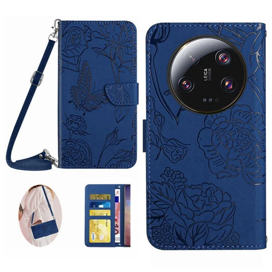 HT03 For Xiaomi 14 Ultra Wallet Case Imprinted Leather Phone Protector with Shoulder Strap