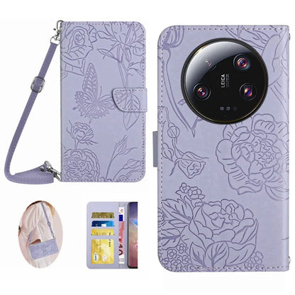 HT03 For Xiaomi 14 Ultra Wallet Case Imprinted Leather Phone Protector with Shoulder Strap