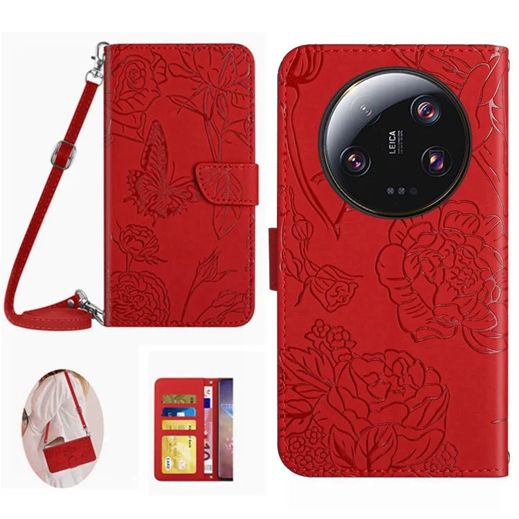 HT03 For Xiaomi 14 Ultra Wallet Case Imprinted Leather Phone Protector with Shoulder Strap