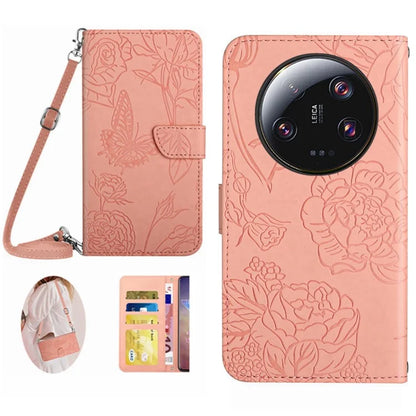 HT03 For Xiaomi 14 Ultra Wallet Case Imprinted Leather Phone Protector with Shoulder Strap