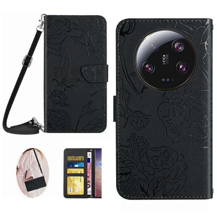 HT03 For Xiaomi 14 Ultra Wallet Case Imprinted Leather Phone Protector with Shoulder Strap