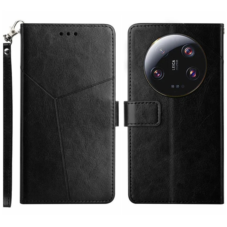 HT01 For Xiaomi 14 Ultra Case Y-shaped Lines Flip Leather Phone Cover with Strap