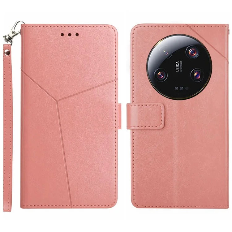 HT01 For Xiaomi 14 Ultra Case Y-shaped Lines Flip Leather Phone Cover with Strap