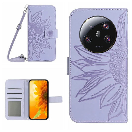 HT04 For Xiaomi 14 Ultra Case Sunflower Flip Leather Phone Cover with Shoulder Strap