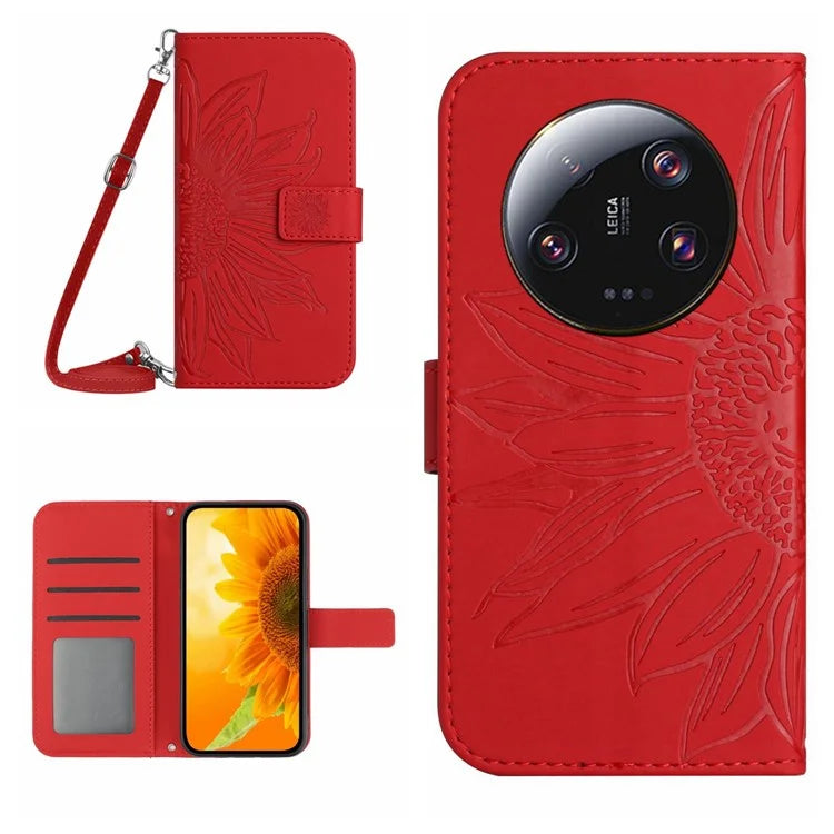HT04 For Xiaomi 14 Ultra Case Sunflower Flip Leather Phone Cover with Shoulder Strap