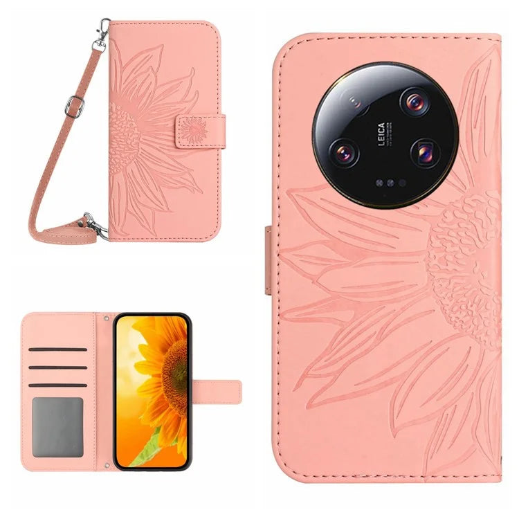HT04 For Xiaomi 14 Ultra Case Sunflower Flip Leather Phone Cover with Shoulder Strap