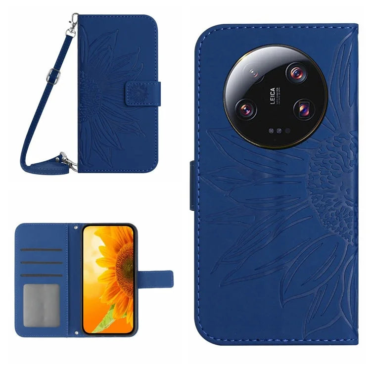 HT04 For Xiaomi 14 Ultra Case Sunflower Flip Leather Phone Cover with Shoulder Strap