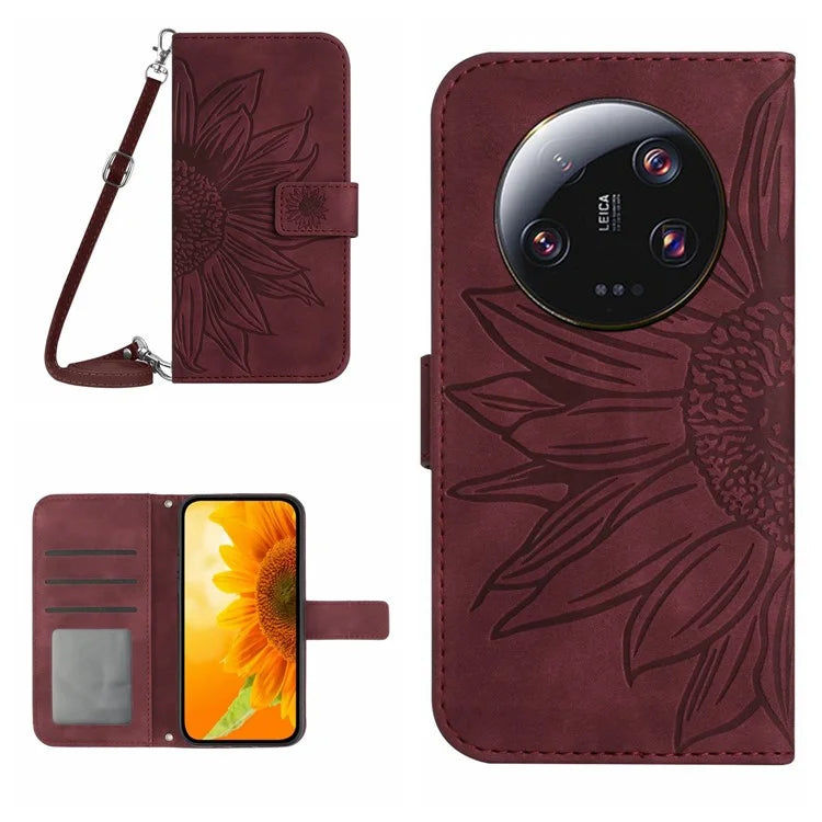 HT04 For Xiaomi 14 Ultra Case Sunflower Flip Leather Phone Cover with Shoulder Strap