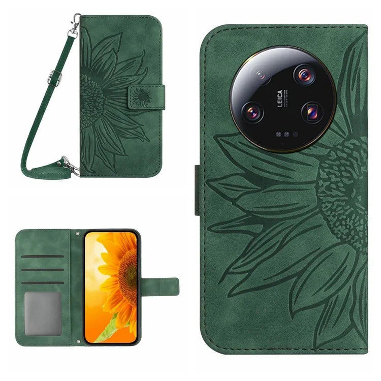 HT04 For Xiaomi 14 Ultra Case Sunflower Flip Leather Phone Cover with Shoulder Strap