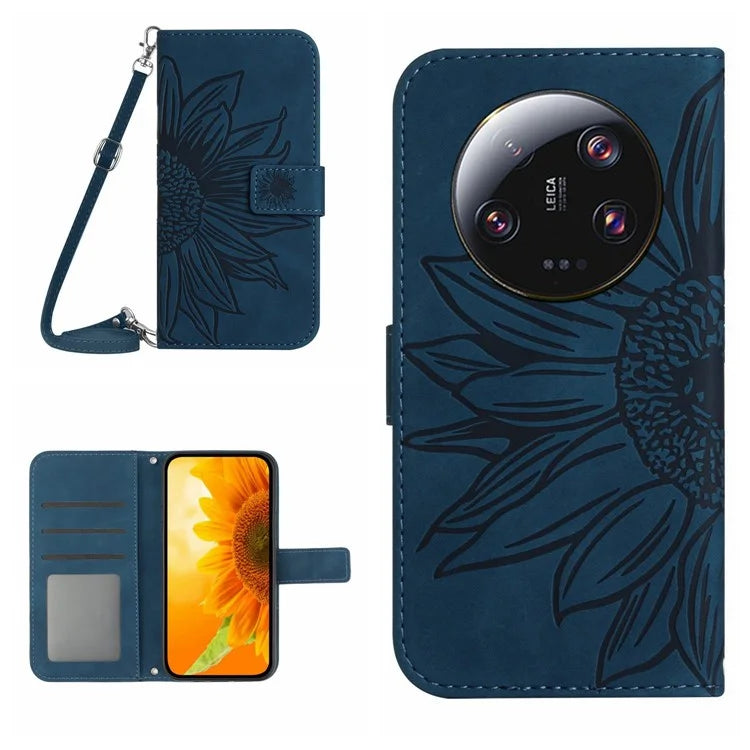 HT04 For Xiaomi 14 Ultra Case Sunflower Flip Leather Phone Cover with Shoulder Strap