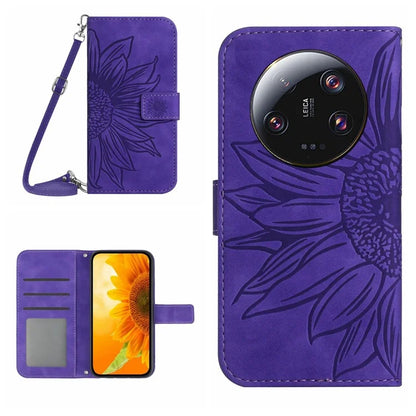 HT04 For Xiaomi 14 Ultra Case Sunflower Flip Leather Phone Cover with Shoulder Strap