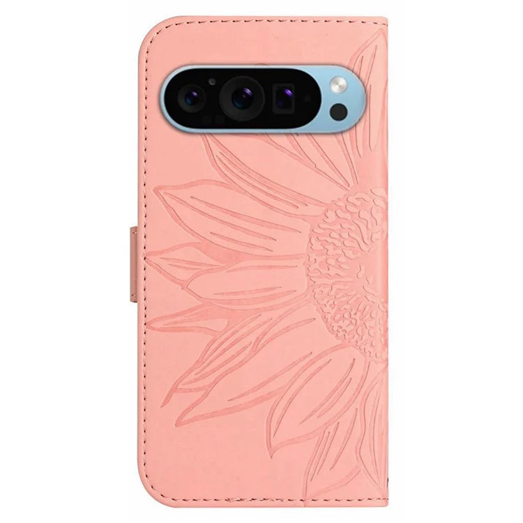 HT04 For Google Pixel 9 Pro Sunflower Case with Strap Wallet Leather Phone Cover