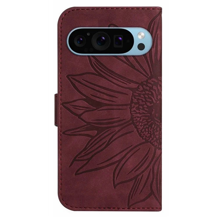 HT04 For Google Pixel 9 Pro Sunflower Case with Strap Wallet Leather Phone Cover