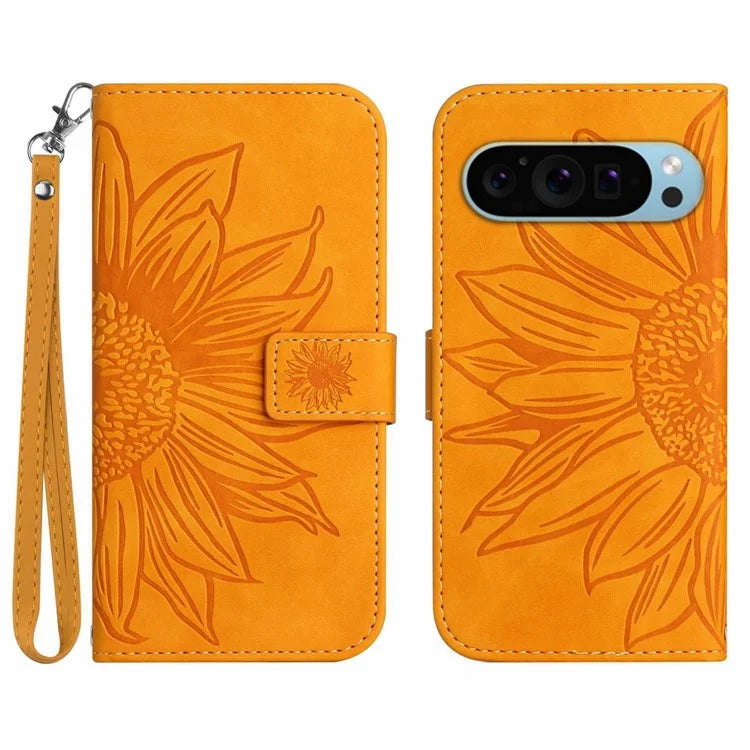 HT04 For Google Pixel 9 Pro Sunflower Case with Strap Wallet Leather Phone Cover