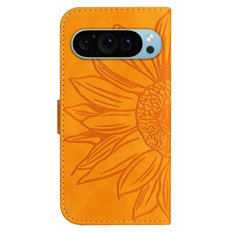 HT04 For Google Pixel 9 Pro Sunflower Case with Strap Wallet Leather Phone Cover